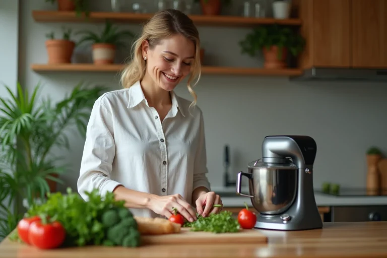 Femme en cuisine préparant des légumes frais
