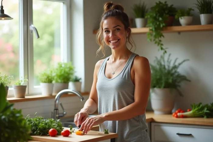 Femme souriante coupant des légumes frais en cuisine moderne