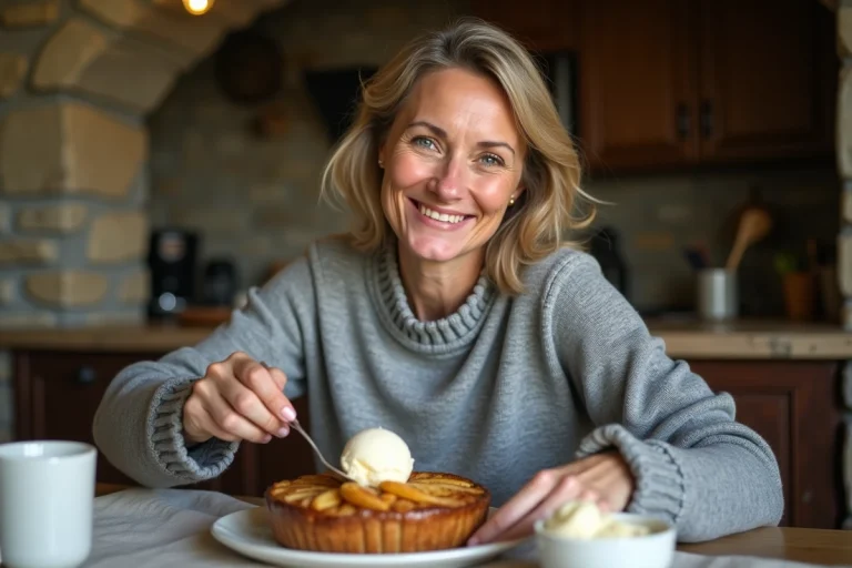 Femme souriante servant une tarte aux pommes dans une maison chaleureuse