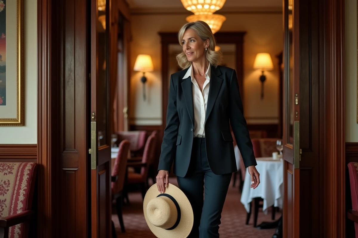 Donna elegante che tiene il suo cappello in un ristorante raffinato
