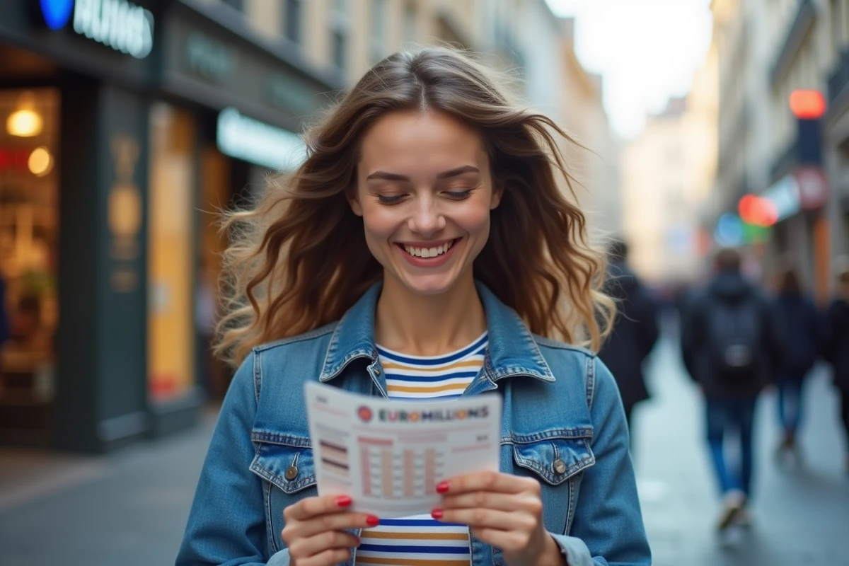 Smiling woman scratching an Euromillions ticket in the city