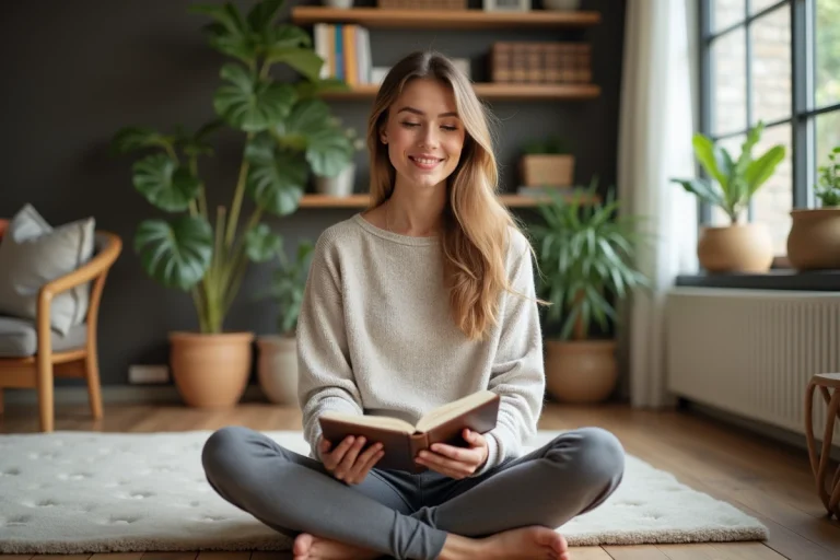 Femme souriante en yoga journalisant dans un salon cosy