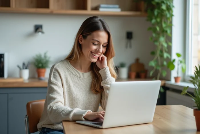 Femme souriante travaillant sur son ordinateur dans une cuisine lumineuse