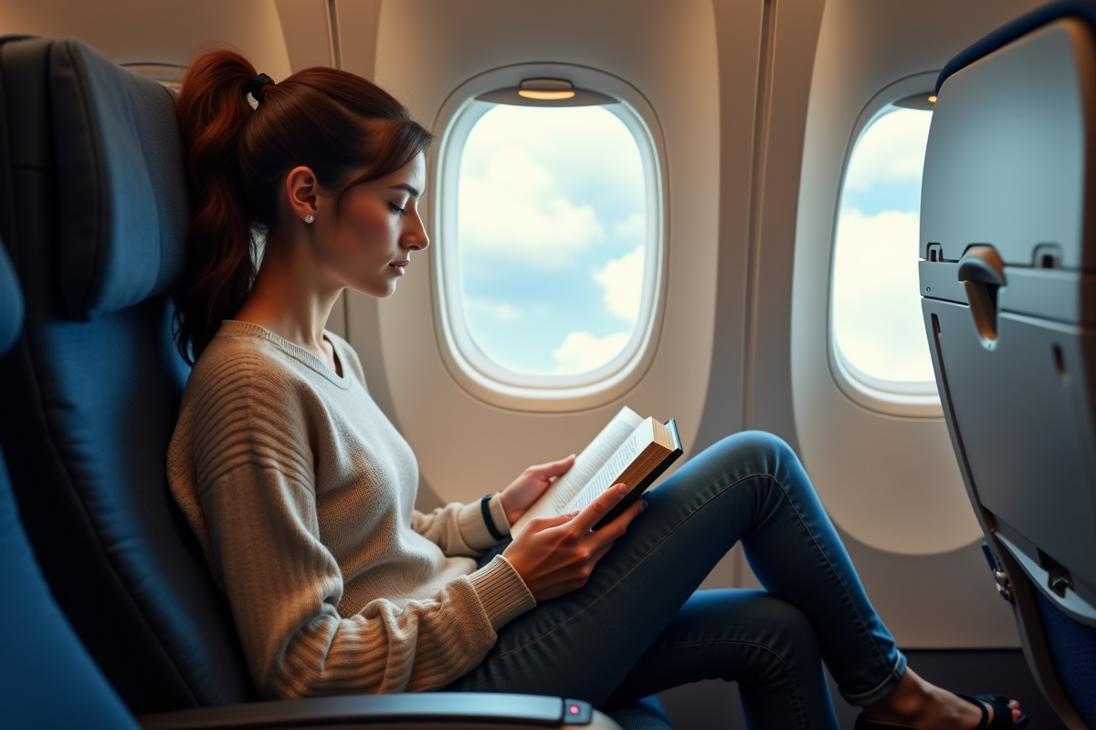 Young woman reading on a plane near the window