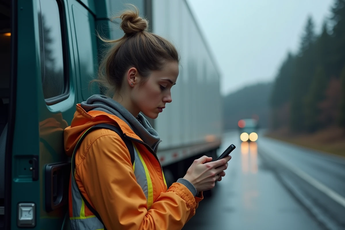Giovane donna che controlla il suo telefono accanto a un camion