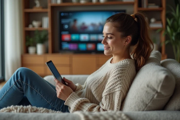 Jeune femme détendue sur un canapé moderne avec tablette