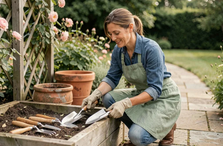Femme jardinant avec des outils de qualité dans un jardin surélevé en bois, entouré de rosiers grimpants et de pots en terre cuite