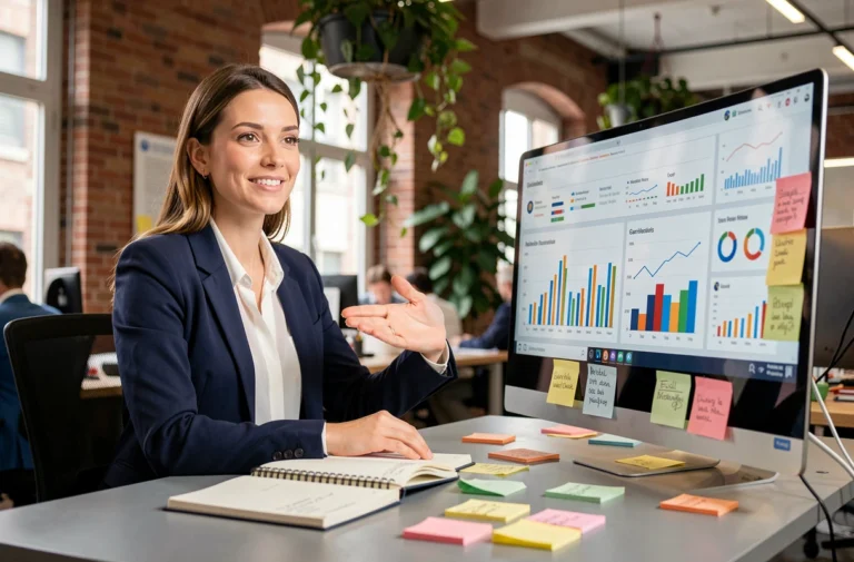 Femme professionnelle analysant des tableaux de bord marketing et des données de visibilité en ligne dans un bureau moderne