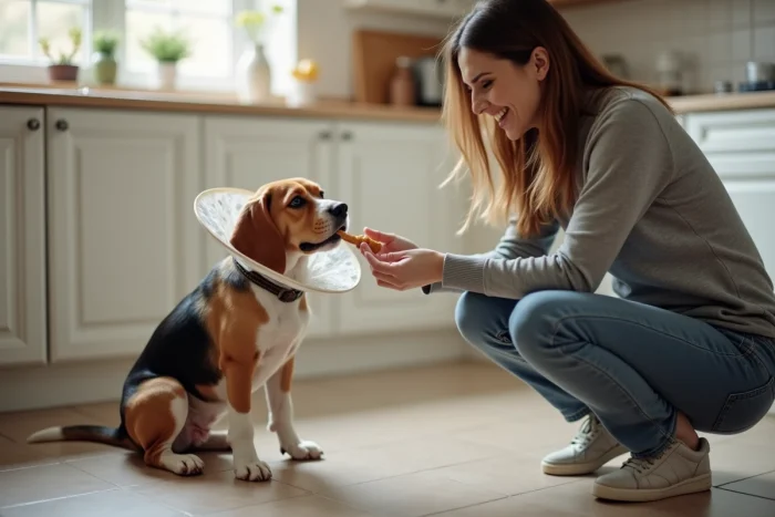Mulher tranquilizando seu beagle usando um colar elizabetano flexível de tecido, oferecendo-lhe um petisco na cozinha
