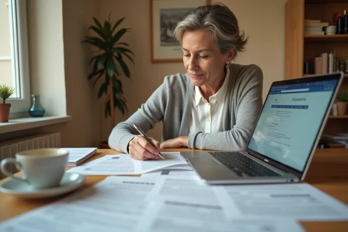 Femme remplissant le formulaire cerfa 2042 pour la déclaration d'impôts à la maison avec un ordinateur portable