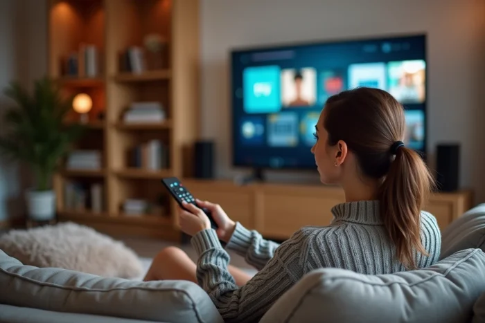 Femme parcourant une plateforme de streaming légale sur son téléviseur dans un salon confortable