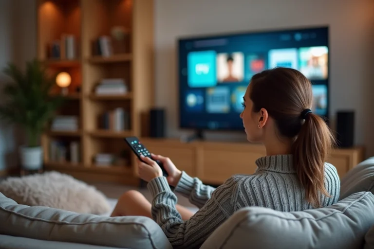 Femme parcourant une plateforme de streaming légale sur son téléviseur dans un salon confortable