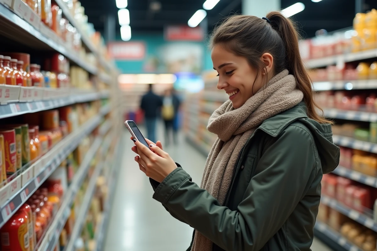 Young woman taking a photo of a supermarket shelf