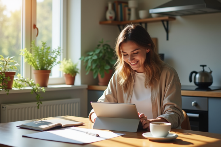 Femme souriante utilisant une tablette pour démarches en ligne