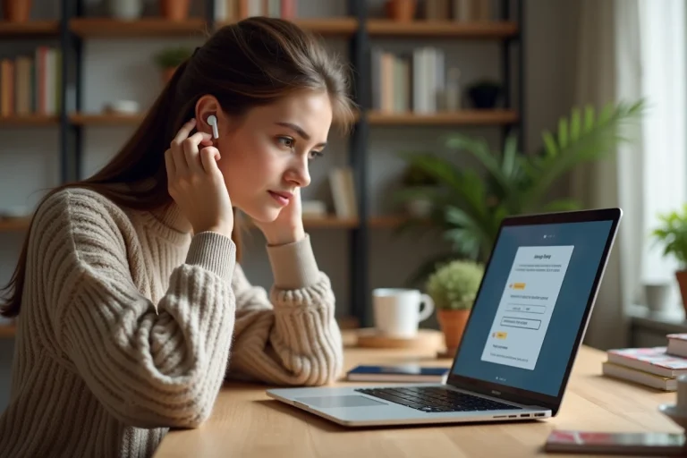 Jeune femme utilisant un traducteur audio en ligne sur son ordinateur portable dans un bureau à domicile
