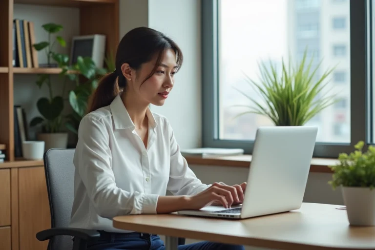 Femme en bureau moderne consulte des offres d'emploi