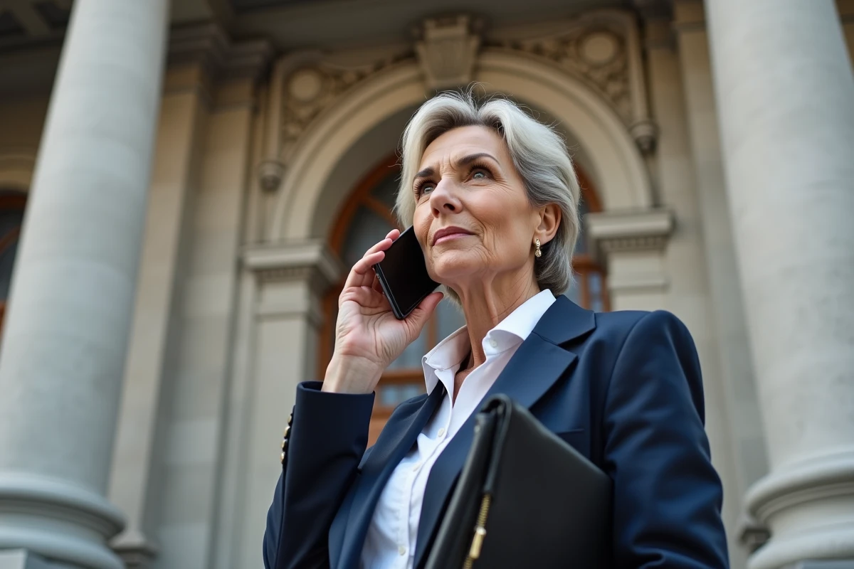 Businesswoman talking on the phone in front of a town hall