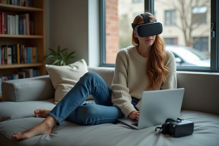 Jeune femme en salon utilisant son ordinateur portable