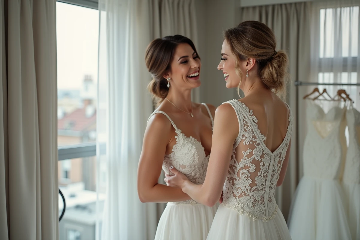 Twee vrouwen lachen tijdens een pas-sessie voor een trouwjurk