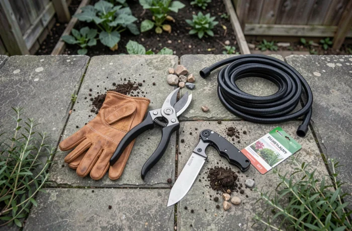 Flat lay d'équipements de jardinage essentiels sur des pavés en pierre grise, incluant sécateur, gants, tuyau soaker et sachets de graines