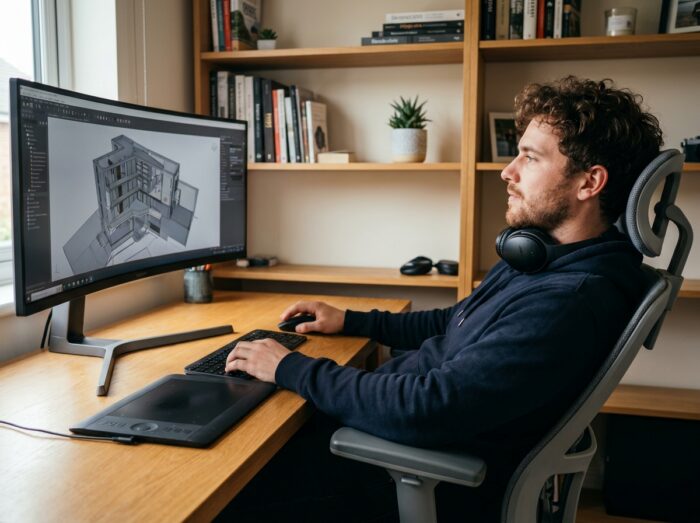 Freelance en modélisation 3D architecturale travaillant depuis son bureau à domicile avec écran ultrawide