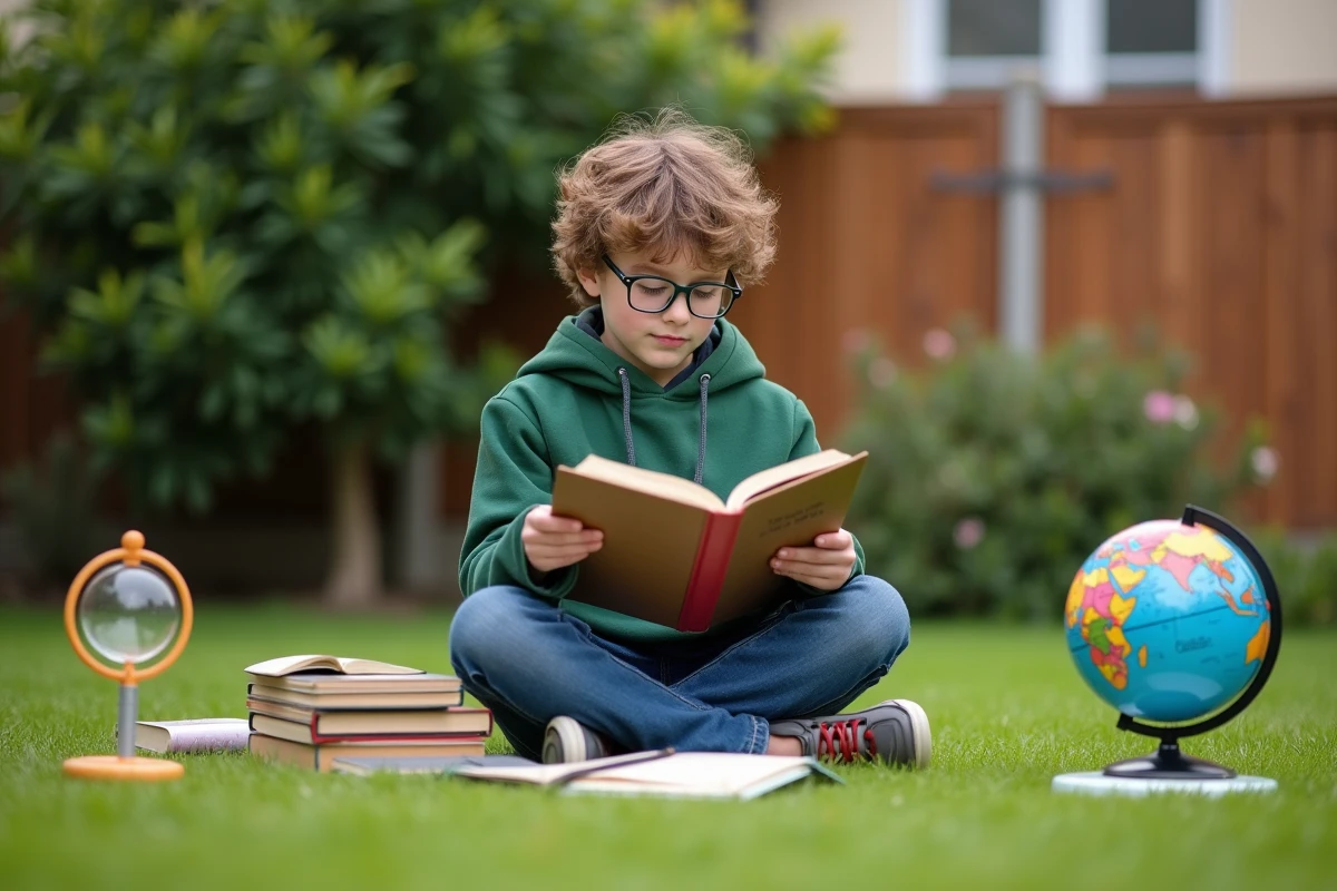 Boy reading in the garden outdoors