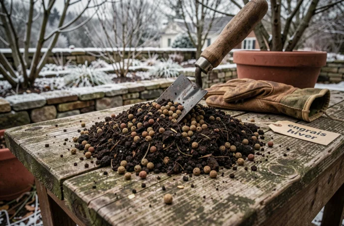 Gros plan sur un mélange d'engrais hivernal et de compost sur une table de rempotage en bois avec des gants de jardinage