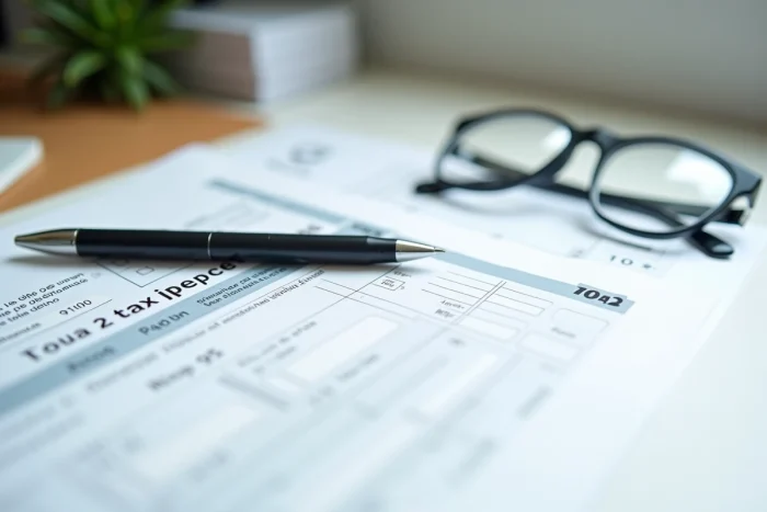 Close-up of the printed cerfa 2042 form placed on a desk with a pen and tax documents