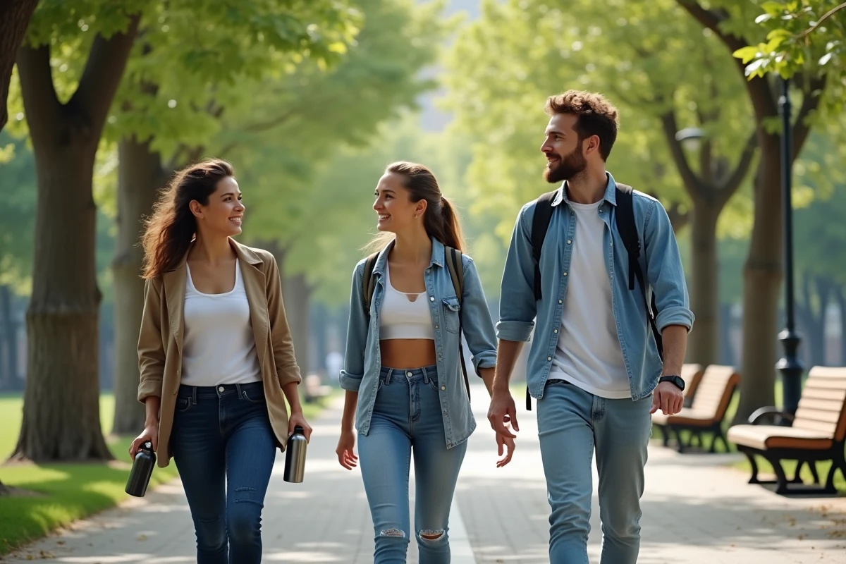 Gruppo di giovani che camminano in un parco urbano discutendo