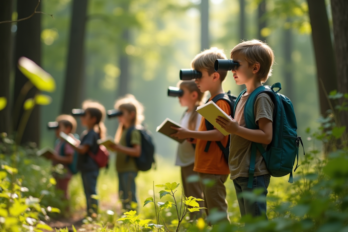 Enfants observant des oiseaux dans une forêt verte ensoleillée