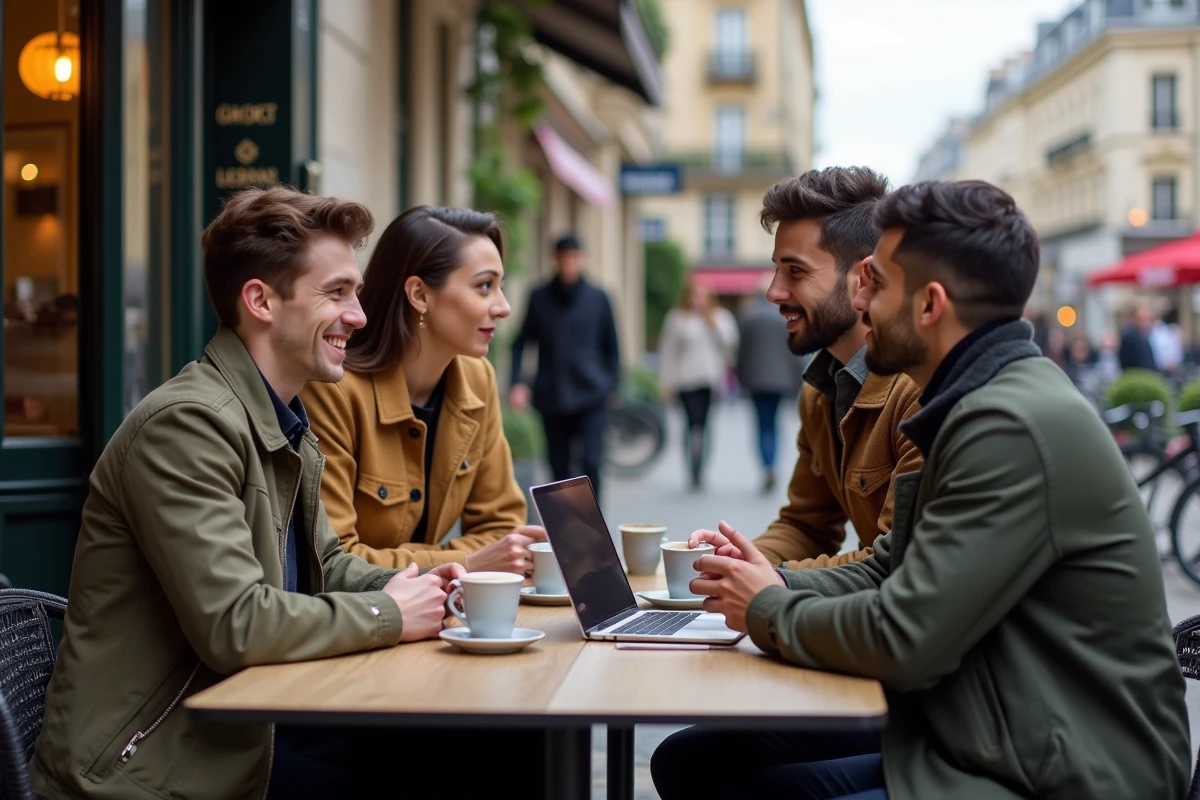 Group of young French professionals discussing on a terrace in Paris