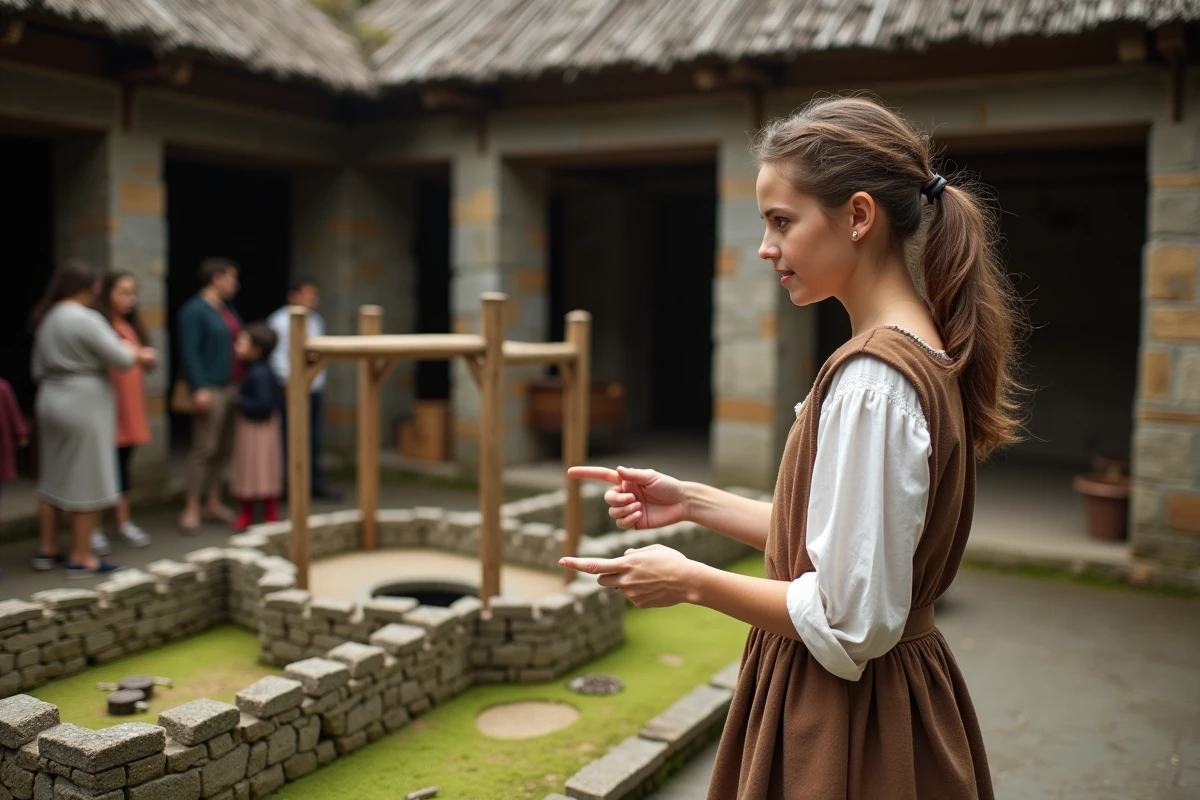 Jeune guide montrant un modele de fort medieval