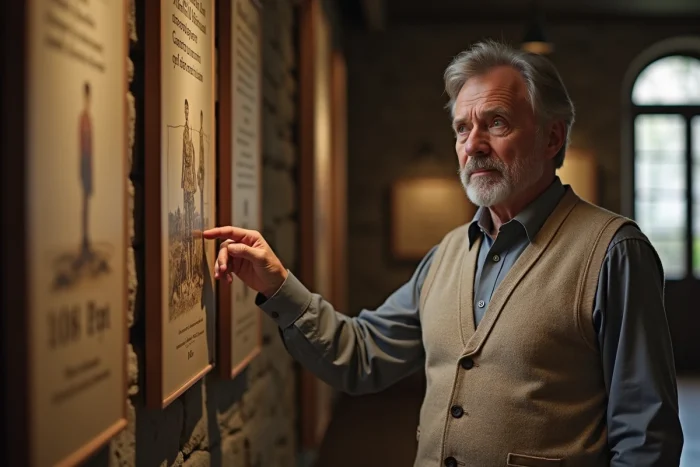 Historien homme contemplant une exhibit en musée