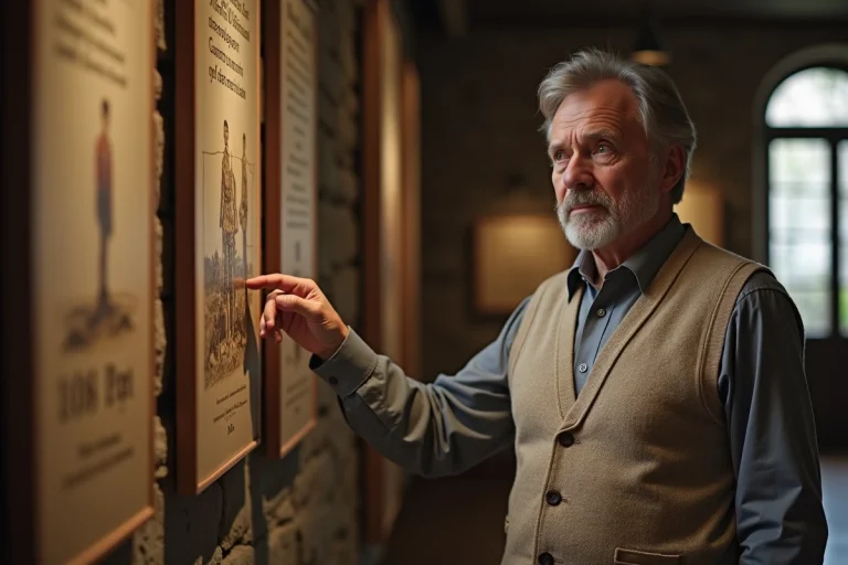 Historien homme contemplant une exhibit en musée