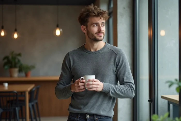 Young shy man at the office discreetly looking at a colleague, betraying secret romantic feelings