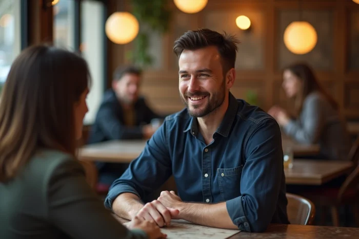 Homme amoureux en secret souriant tendrement vers une femme dans un café parisien, signe discret de sentiments cachés