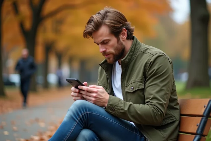 Man sitting on a bench in a park in autumn, smiling while writing a message, a sign of unspoken secret love
