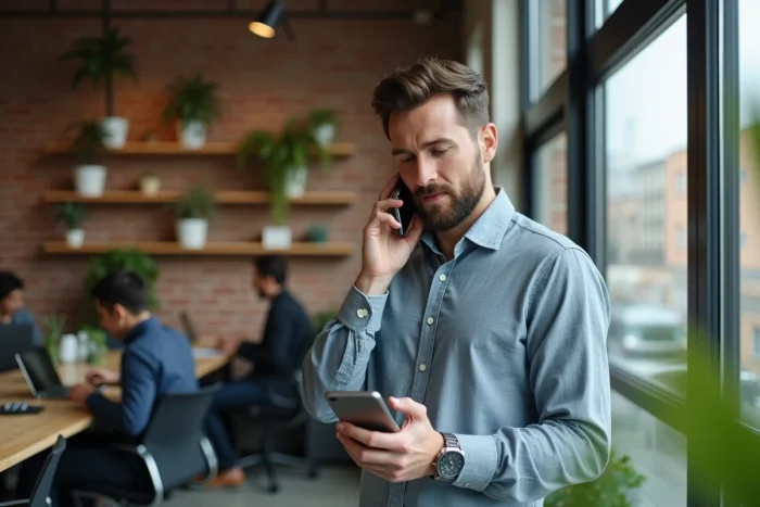 Man using an audio translation app on a smartphone in a modern coworking space