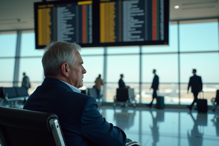 Homme d'âge moyen dans un aéroport regardant le tableau des départs