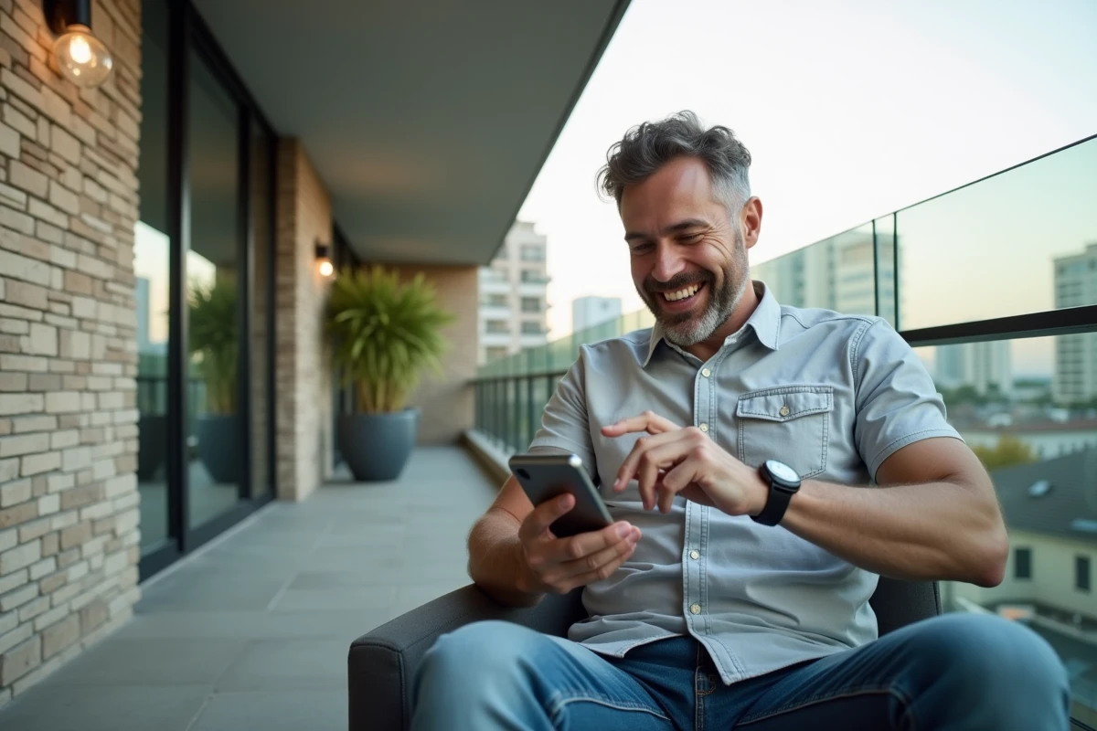 Man relaxing on balcony with urban view