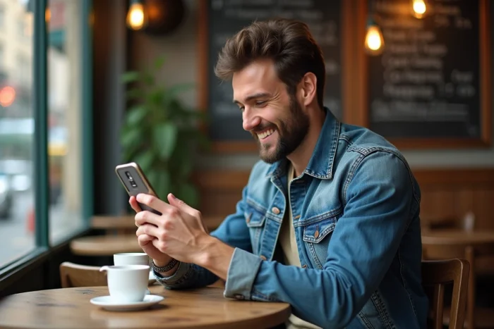 Homme détendu au café utilisant une application mobile