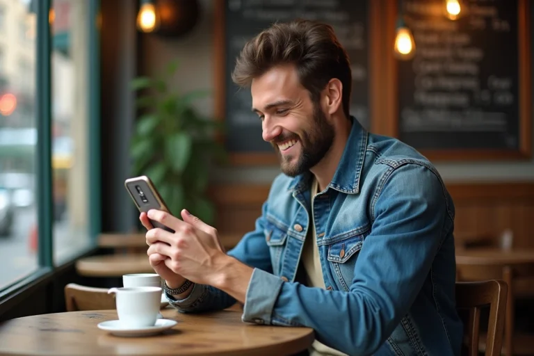 Homme détendu au café utilisant une application mobile