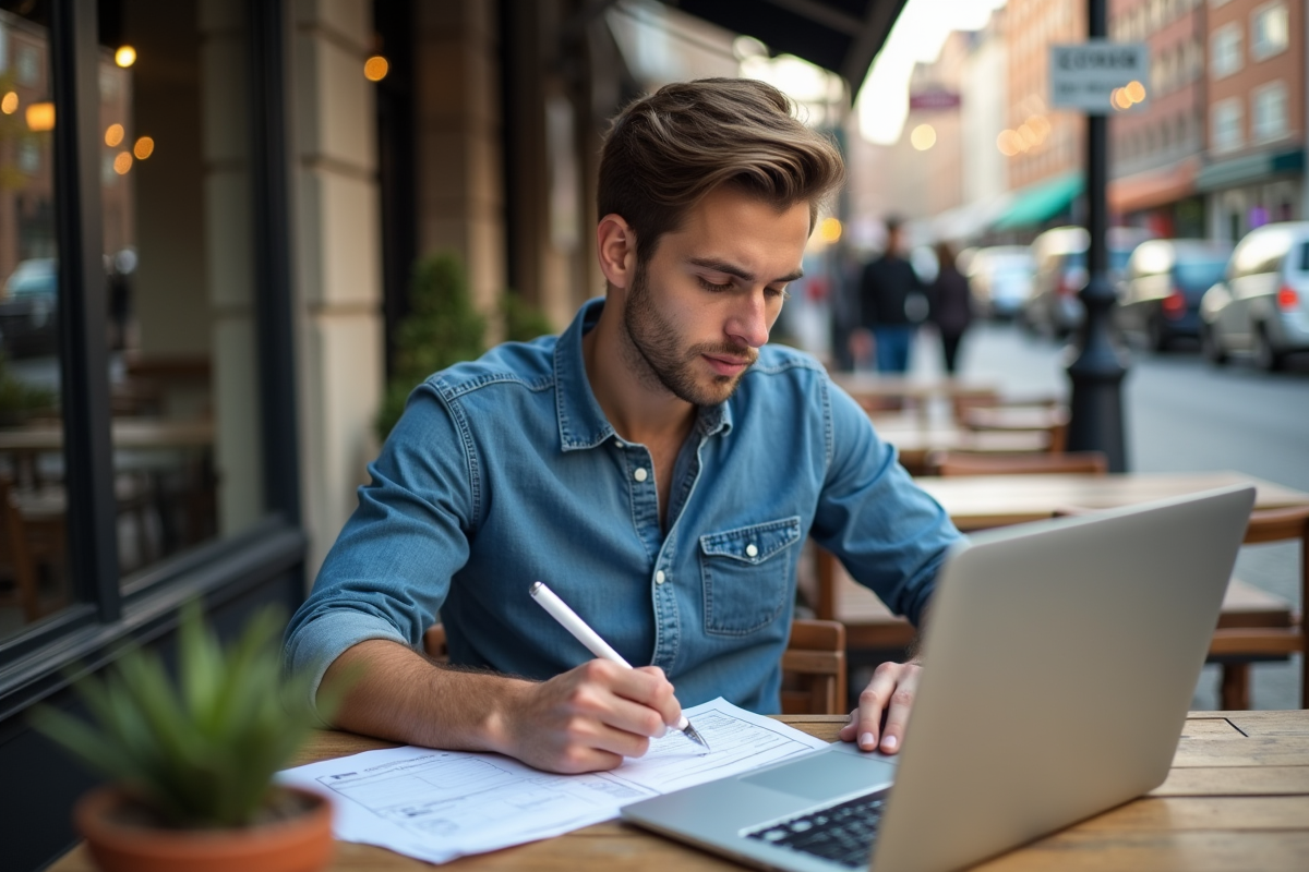 Young man outdoors studying digital marketing notes