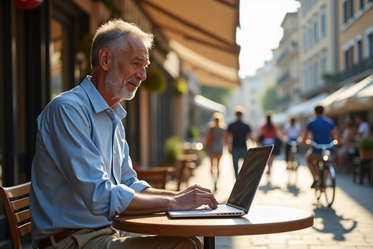 Middle-aged man working outdoors in a café
