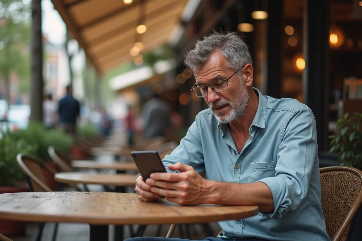 Denkende man die zijn smartphone gebruikt in een café in de stad