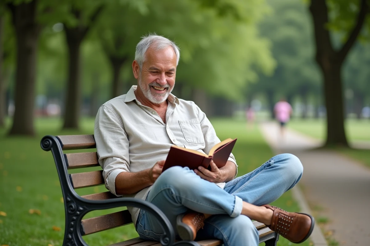 Middle-aged man reading in a green park