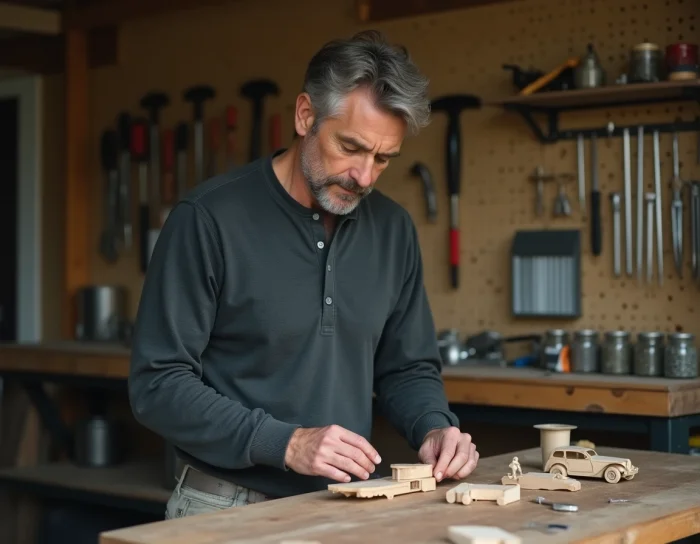 Man assembling a wooden model in a garage workshop, trendy manual hobby for adults