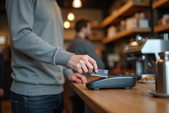 Uomo che utilizza una carta dual Crédit Agricole per un pagamento contactless in un caffè