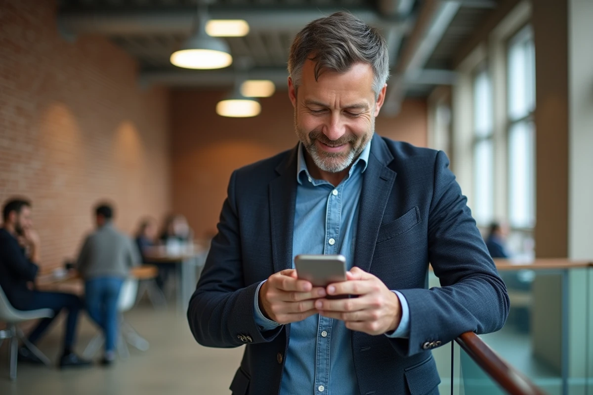 Homme en coworking regarde son smartphone avec enthousiasme