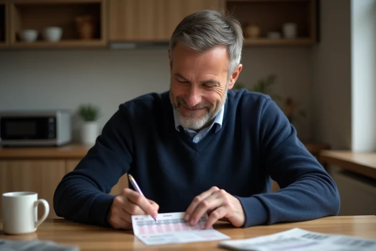 Homme concentré remplissant un ticket Euromillions à la maison